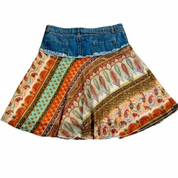 BOHO Mixed Media Denim Patchwork Midi Skirt Sz 11 by Star City #232A - Picture 2 of 7